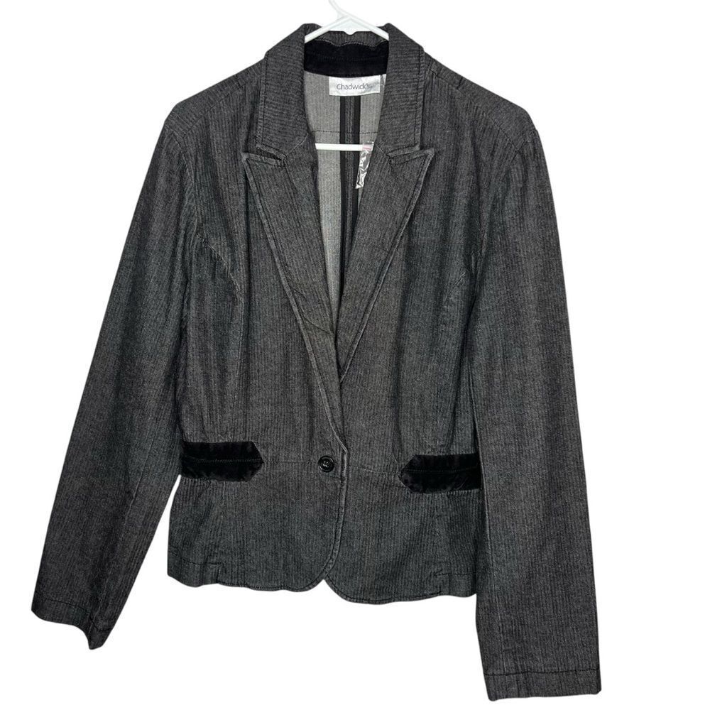 New! Chadwick’s Gray Denim Button Velvet Waistband Peplum Women Blazer Sz 16